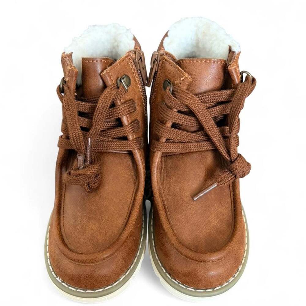Kids Tan Faux Leather Sherpa Lined Lace-Up Side Zip Winter Boots